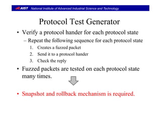 National Institute of Advanced Industrial Science and Technology
Protocol Test Generator
V if t l h d f h t l t t• Verify a protocol hander for each protocol state
– Repeat the following sequence for each protocol state
1. Creates a fuzzed packet
2. Send it to a protocol hander
3. Check the reply
• Fuzzed packets are tested on each protocol stateFuzzed packets are tested on each protocol state
many times.
• Snapshot and rollback mechanism is required.S p q
 