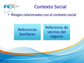 Contexto Social
• Riesgos relacionados con el contexto social
Referencias
familiares
Referencia de
vecinos del
negocio
 
