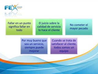 Fallar en un punto
significa fallar en
todo
El juicio sobre la
calidad de servicio
lo hace el cliente
No cometer el
mayor pecado
Por muy bueno que
sea un servicio,
siempre puede
mejorar
Cuando se trata de
satisfacer al cliente,
todos somos un
equipo
 
