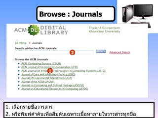 1.  เลือกรายชื่อวารสาร 2.  หรือพิมพ์คำค้นเพื่อสืบค้นเฉพาะเนื้อหาภายในวารสารทุกชื่อ Browse : Journals   1 2 