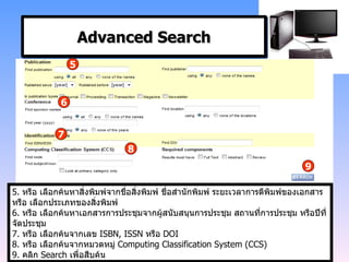 Advanced Search 5 6 7 8 5.  หรือ เลือกค้นหาสิ่งพิมพ์จากชื่อสิ่งพิมพ์ ชื่อสำนักพิมพ์ ระยะเวลาการตีพิมพ์ของเอกสาร หรือ เลือกประเภทของสิ่งพิมพ์ 6.  หรือ เลือกค้นหาเอกสารการประชุมจากผู้สนับสนุนการประชุม สถานที่การประชุม หรือปีที่จัดประชุม 7.  หรือ เลือกค้นจากเลข  ISBN, ISSN  หรือ  DOI 8.  หรือ เลือกค้นจากหมวดหมู่  Computing Classification System (CCS) 9.  คลิก  Search  เพื่อสืบค้น 9 