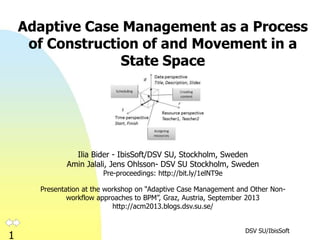 DSV SU/IbisSoft
1
Adaptive Case Management as a Process
of Construction of and Movement in a
State Space
Ilia Bider - IbisSoft/DSV SU, Stockholm, Sweden
Amin Jalali, Jens Ohlsson- DSV SU Stockholm, Sweden
Pre-proceedings: http://bit.ly/1elNT9e
Presentation at the workshop on “Adaptive Case Management and Other Non-
workflow approaches to BPM”, Graz, Austria, September 2013
http://acm2013.blogs.dsv.su.se/
 