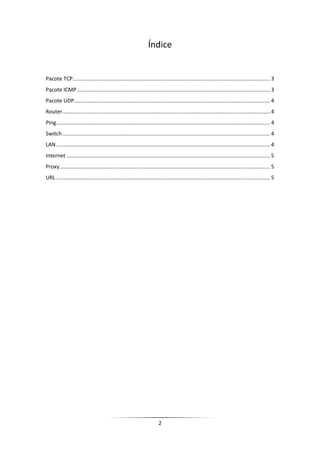 Índice


Pacote TCP..................................................................................................................................... 3
Pacote ICMP .................................................................................................................................. 3
Pacote UDP.................................................................................................................................... 4
Router............................................................................................................................................ 4
Ping ................................................................................................................................................ 4
Switch ............................................................................................................................................ 4
LAN ................................................................................................................................................ 4
Internet ......................................................................................................................................... 5
Proxy.............................................................................................................................................. 5
URL ................................................................................................................................................ 5




                                                                          2
 