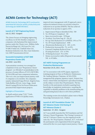 ACMA Centre for Technology (ACT)




                                                                                                                     CHRONICLES
ACMA Centre for Technology (ACT) continued to            improved store management with 2S approach, micro
spearhead the drive for quality, productivity and        analysis & initiated actions on activities related to
technology for ACMA Members.                             reduction in set up time (SMED). This has achieved
                                                         reduction of set up time to approx. 60%.
              st
Launch of 1 ACT Engineering Cluster                      a   Improvement Projects Identified (3M) : 558
July 12, 2012 : Gurgaon                                  b   No. Of Projects Completed : 216
                                                         c   Space recovered in sqm. : 5276sqm
The cluster focuses on bringing engineering              d   Accident: Zero from Aug, 10 – Dec,10
excellence in ACMA Member companies. 7                   e   Set-up Time Reduction in % (SMED) : 14% to 77%
companies who had joined the improvement




                                                                                                                     2011-12
                                                         f   No. Of Visuals Implemented : 4081
journey under the Cluster were: Abilities India          g   Absenteeism Reduction in % : 16% to 4%
Pistons & Rings Ltd., IM Gears Pvt. Ltd.,                h   Productivity Increased By : 7% to 65%
WABCO India Ltd., Fairfield Atlas Ltd.,                  i   External Complaint Reduced From : 5 to NIL
Rockman Industries Ltd., Rico Auto Industries            j   1S rating Increased : 12% to 78%
Ltd., RSB Transmissions (I) Ltd.                         k   2S Rating Increased : 5% to 81%
                                                         l   Money recovered in Lakhs (Disposal of unwanted) :
Successful Completion of ACT SME
                                                             NIL to 45 lakhs .
Preparatory Cluster (ER)




                                                                                                                     Annual Report
July 2010 - June 2011                                    ACT-AOTS Training Programme on
A presentation ceremony was arranged on                  Productive Maintenance
completion of one year “Preparatory Cluster              November 24-25, 2011 : Pune
program”, on 26th July'11 at Jamshedpur in the
presence of senior officers of TATA MOTORS,              ACT in association with AOTS, Japan, organized a
ACMA (ER) and Auto component industries.                 training program in Pune on Productive Maintenance.
This was a one year improvement journey with             Mr. Sandeep Balooja, Chairman, ACMA (WR)
11 companies as its member. Six companies                inaugurated the program. Japanese expert, Nomura San,
namely, Industrial Forge (P) Ltd., Singh & Sons,         Sensei, visited India and imparted a specialized training
Nalin Rubber (P) Ltd., Aztec Engg., Arush                on the subject to more than 38 participants. The key
Metal Casting (P) Ltd. & Pravat Fabricators              benefits to the participants included acquiring basic
presented their improvement projects.                    knowledge on equipment maintenance, acquiring the
                                                         capability to identify problems in the manufacturing site
Highlights of Presentation:                              and generating kaizen ideas to solve those problems.
In-depth analysis using “7 Q C” Tools,
application of FMEA on Quality issues,                   The training session also included a plant visit to Minda
                                                         Stoneridge Instruments Ltd., Chakan.

                                                         Launch of: ACT Foundation Cluster 7 &
                                                         ACT Advance Cluster 3 & Closing of
                                                         ACT Advance Cluster 2
                                                         September 27, 2011 : Gurgaon
                                                         ACT successfully launched the 7th Foundation and 3rd
                                                         Advance Cluster Programme. The Closing Ceremony of
                                                         2nd ACT Advance Cluster was also organized on the
                                                         same day. Mr. Deep Kapuria, Chairman, ACT, welcomed
                                                         the participants and congratulated them for getting
       Closing Ceremony of ACT SME Preparatory Cluster
                                                         selected for the two years improvement journey. Cluster

                                                                                                                              13
 
