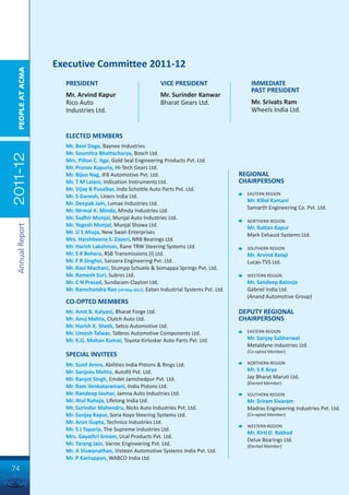 Executive Committee 2011-12
  PEOPLE AT ACMA




                     PRESIDENT                                VICE PRESIDENT                     IMMEDIATE
                                                                                                 PAST PRESIDENT
                     Mr. Arvind Kapur                         Mr. Surinder Kanwar
                     Rico Auto                                Bharat Gears Ltd.                  Mr. Srivats Ram
                     Industries Ltd.                                                             Wheels India Ltd.


                     ELECTED MEMBERS
                     Mr. Beni Daga, Baynee Industries
                     Mr. Soumitra Bhattacharya, Bosch Ltd.
2011-12




                     Mrs. Pilloo C. Aga, Gold Seal Engineering Products Pvt. Ltd.
                     Mr. Pranav Kapuria, Hi-Tech Gears Ltd.
                     Mr. Bijon Nag, IFB Automotive Pvt. Ltd.                                  REGIONAL
                     Mr. T M Lalani, Indication Instruments Ltd.                              CHAIRPERSONS
                     Mr. Vijay B Pusalkar, Indo Schottle Auto Parts Pvt. Ltd.
                                                                                                EASTERN REGION
                     Mr. S Ganesh, Liners India Ltd.
                                                                                                Mr. Killol Kamani
                     Mr. Deepak Jain, Lumax Industries Ltd.
                                                                                                Samarth Engineering Co. Pvt. Ltd.
                     Mr. Nirmal K. Minda, Minda Industries Ltd.
                     Mr. Sudhir Munjal, Munjal Auto Industries Ltd.
                                                                                                NORTHERN REGION
                     Mr. Yogesh Munjal, Munjal Showa Ltd.
 Annual Report




                                                                                                Mr. Rattan Kapur
                     Mr. U S Ahuja, New Swan Enterprises                                        Mark Exhaust Systems Ltd.
                     Mrs. Harshbeena S. Zaveri, NRB Bearings Ltd.
                     Mr. Harish Lakshman, Rane TRW Steering Systems Ltd.                        SOUTHERN REGION
                     Mr. S K Behera, RSB Transmissions (I) Ltd.                                 Mr. Arvind Balaji
                     Mr. F R Singhvi, Sansera Engineering Pvt. Ltd.                             Lucas-TVS Ltd.
                     Mr. Ravi Machani, Stumpp Schuele & Somappa Springs Pvt. Ltd.
                     Mr. Ramesh Suri, Subros Ltd.                                               WESTERN REGION
                     Mr. C N Prasad, Sundaram-Clayton Ltd.                                      Mr. Sandeep Balooja
                     Mr. Ramchandra Rao (till May-2012), Eaton Industrial Systems Pvt. Ltd.     Gabriel India Ltd.
                                                                                                (Anand Automotive Group)
                     CO-OPTED MEMBERS
                     Mr. Amit B. Kalyani, Bharat Forge Ltd.                                   DEPUTY REGIONAL
                     Mr. Anuj Mehta, Clutch Auto Ltd.                                         CHAIRPERSONS
                     Mr. Harish K. Sheth, Setco Automotive Ltd.
                     Mr. Umesh Talwar, Talbros Automotive Components Ltd.                       EASTERN REGION
                     Mr. K.G. Mohan Kumar, Toyota Kirloskar Auto Parts Pvt. Ltd.                Mr. Sanjay Sabherwal
                                                                                                Metaldyne Industries Ltd.
                                                                                                (Co-opted Member)
                     SPECIAL INVITEES
                     Mr. Sunil Arora, Abilities India Pistons & Rings Ltd.                      NORTHERN REGION
                     Mr. Sanjeev Mehta, Autofit Pvt. Ltd.                                       Mr. S K Arya
                     Mr. Ranjot Singh, Emdet Jamshedpur Pvt. Ltd.                               Jay Bharat Maruti Ltd.
                                                                                                (Elected Member)
                     Mr. Ram Venkataramani, India Pistons Ltd.
                     Mr. Randeep Jauhar, Jamna Auto Industries Ltd.                             SOUTHERN REGION
                     Mr. Atul Raheja, Lifelong India Ltd.                                       Mr. Sriram Sivaram
                     Mr. Surinder Mahendru, Nicks Auto Industries Pvt. Ltd.                     Madras Engineering Industries Pvt. Ltd.
                     Mr. Sunjay Kapur, Sona Koyo Steering Systems Ltd.                          (Co-opted Member)
                     Mr. Arun Gupta, Technico Industries Ltd.
                                                                                                WESTERN REGION
                     Mr. S J Taparia, The Supreme Industries Ltd.
                                                                                                Mr. Kirti D. Rathod
                     Mrs. Gayathri Sriram, Ucal Products Pvt. Ltd.
                                                                                                Delux Bearings Ltd.
                     Mr. Tarang Jain, Varroc Engineering Pvt. Ltd.                              (Elected Member)
                     Mr. A Viswanathan, Visteon Automotive Systems India Pvt. Ltd.
                     Mr. P Kaniappan, WABCO India Ltd.
74
 