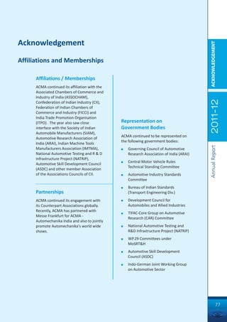 Acknowledgement




                                                                                          ACKNOWLEDGEMENT
Affiliations and Memberships

     Affiliations / Memberships
     ACMA continued its affiliation with the
     Associated Chambers of Commerce and
     Industry of India (ASSOCHAM),




                                                                                          2011-12
     Confederation of Indian Industry (CII),
     Federation of Indian Chambers of
     Commerce and Industry (FICCI) and
     India Trade Promotion Organisation
     (ITPO). The year also saw close           Representation on
     interface with the Society of Indian      Government Bodies
     Automobile Manufacturers (SIAM),
                                               ACMA continued to be represented on
     Automotive Research Association of
                                               the following government bodies:
     India (ARAI), Indian Machine Tools




                                                                                          Annual Report
     Manufacturers Association (IMTMA),        n   Governing Council of Automotive
     National Automotive Testing and R & D         Research Association of India (ARAI)
     Infrastructure Project (NATRiP),
                                               n   Central Motor Vehicle Rules
     Automotive Skill Development Council
                                                   Technical Standing Committee
     (ASDC) and other member Association
     of the Associations Councils of CII.      n   Automotive Industry Standards
                                                   Committee
                                               n   Bureau of Indian Standards
     Partnerships                                  (Transport Engineering Div.)
     ACMA continued its engagement with        n   Development Council for
     its Counterpart Associations globally.        Automobiles and Allied Industries
     Recently, ACMA has partnered with
                                               n   TIFAC-Core Group on Automotive
     Messe Frankfurt for ACMA -
                                                   Research (CAR) Committee
     Automechanika India and also to jointly
     promote Automechanika's world wide        n   National Automotive Testing and
     shows.                                        R&D Infrastructure Project (NATRiP)
                                               n   WP.29 Committees under
                                                   MoSRT&H
                                               n   Automotive Skill Development
                                                   Council (ASDC)
                                               n   Indo-German Joint Working Group
                                                   on Automotive Sector




                                                                                                      77
 