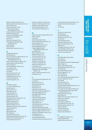THE INDUSTRY
                                                                                                                                           ACMA AND
Electrica Engineers (India) Pvt. Ltd.         Graziano Trasmissioni India Pvt. Ltd.        Inteva Products India Automotive Pvt. Ltd.
Electromags Automotive Products Pvt. Ltd.     Greenley Hi-Tech Engineers Pvt. Ltd.         Investment & Precision Castings Ltd.
Elofic Industries Ltd.                        GTB Automotive Systems (P) Ltd.              IST Ltd.
Emdet Jamshedpur Pvt. Ltd.                    Gulati Auto Electricals Pvt. Ltd.            ITTI Pvt. Ltd.
Emitec Emission Control                       Guru Nanak Auto Enterprises Ltd.
   Technologies (I) Pvt. Ltd.                                                              J.
Emkay Automobile Industries Ltd.                                                           Jamna Auto Industries Ltd.
Emmbros Autocomp Ltd.                         H.                                           Japji Enterprises
Endurance Technologies Pvt. Ltd.              Haldex Concentric Pumps (India) Pvt. Ltd.
                                                                                           Jay Bharat Maruti Ltd.
Engineering Technologies                      Haldex India Ltd.
                                                                                           Jay Switches (India) Pvt. Ltd.
Escorts Ltd.                                  Halonix Ltd.
                                                                                           Jay Ushin Ltd.
Estee Auto Pressings Pvt. Ltd.                Harita Seating Systems Ltd.




                                                                                                                                          2011-12
                                                                                           Jaya Hind Industries Ltd.
Everest Electrical & Engineering              Harman International (India) Pvt. Ltd.
                                                                                           Jayashree Polymers Pvt. Ltd.
   Company Pvt. Ltd.                          Harsha Engineers Ltd.
                                                                                           Jayem Auto Industries Pvt. Ltd.
Excel Polymotive                              Hella India Electronics Pvt. Ltd.
                                                                                           JBM Auto Ltd.
Exedy India Ltd.                              Hella India Lighting Limited
                                                                                           JHS Taigene Electrical Co. Pvt. Ltd.
Exotech Zanini Industries Pvt. Ltd.           Helvoet Rubber & Plastic
                                                                                           Johnson Matthey India Pvt. Ltd.
                                                 Technologies (India) Pvt. Ltd.
                                                                                           Jtekt Sona Automotive India Ltd.
F.                                            Hero Motors Ltd.
                                                                                           Jumps Auto Industries Ltd.
FAG Bearings India Ltd.                       Highco Engineers (P) Ltd.
Fairfield Atlas Ltd.                          Highway Industries Ltd.
                                              Hilux Auto Electric Pvt. Ltd.                K.
Faurecia Automotive Seating India Pvt. Ltd.                                                K.M.P. Manufacturing Company
Faurecia Emissions Control                    Hi-Lux Automotive Pvt. Ltd.
                                                                                           K.R. Industries




                                                                                                                                          Annual Report
   Technologies India Pvt. Ltd.               Hinduja Foundries Ltd.
                                              Hindustan Composites Ltd.                    Kafila Forge Ltd.
Faurecia Interior Systems India Pvt. Ltd.
                                              Hindustan Glass Works Ltd.                   Kalra Overseas & Precision Engineering Ltd.
Federal-Mogul Goetze (India) Ltd.
                                              Hindustan Hardy Spicer Ltd                   Kalyani Forge Ltd.
Fenner (India) Ltd.
                                              Hi-Tech Gears Ltd.                           Kalyani Thermal Systems Ltd.
Ferromatik Milacron India Pvt. Ltd.
                                              Hodek Vibration Technologies Pvt. Ltd.       Kamal Rubplast Industries Pvt. Ltd.
Fiem Industries Ltd.
                                              Honeywell Turbo Technologies                 Kar Mobiles Ltd.
Fine Blanking Pvt. Ltd.
                                                 India Pvt. Ltd.                           Kavia Engineering Private Ltd.
Fine Brakes
                                              Horizon Industrial Products Pvt. Ltd.        Kay Jay Forgings Pvt. Ltd.
Flash Electronics (I) Pvt. Ltd.
                                              Huf India Pvt. Ltd.                          Keihin Panalfa Ltd.
Fleetguard Filters Pvt. Ltd.
                                                                                           Kems Forgings Ltd.
Flywheel Ring Gears Pvt. Ltd.
                                              I.                                           Kern-Liebers Springs & Stampings Pvt. Ltd.
Friends Auto (India) Ltd.
                                              I E Auto Industrial Enterprise Pvt. Ltd.     Keystone Appliances Pvt. Ltd.
Friends Castings Pvt. Ltd.
                                              I P Rings Ltd.                               Kiran Udyog
                                              Ibex Products Pvt. Ltd.                      Kirat Plastics Pvt. Ltd.
G.                                                                                         Kirloskar Oil Engines Ltd.
G B Rubber Products                           IFB Automotive Pvt. Ltd.
                                              IFB Industries Ltd.                          Kirloskar Toyoda Textile Machinery Pvt. Ltd.
G. S. Auto International Ltd.
                                              IM Gears Pvt. Ltd.                           Kiswok Industries Pvt. Ltd.
Gabriel India Ltd.
                                              Imperial Auto Industries Ltd.                KLT Automotive And Tubular Products Ltd.
Gajra Gears Pvt. Ltd.
                                              India Forge and Drop Stampings Ltd.          Knorr-Bremse Systems for Commercial
Galaxy Bearings Ltd.                                                                          Vehicles India Pvt. Ltd.
Gargs Engineers Ltd.                          India Japan Lighting Pvt. Ltd.
                                                                                           Kongovi Electronics Pvt. Ltd.
Gatiman Auto Pvt. Ltd.                        India Nippon Electricals Ltd.
                                                                                           Kores (India) Ltd.
Gearock Forge Pvt. Ltd.                       India Pistons Ltd.
                                                                                           KOSTAL NTTF Automotive India Pvt. Ltd.
Ghaziabad Precision Products Pvt. Ltd.        Indian Diecasting Industries
                                                                                           Krishna Auto Industries
Gilard Electronics Pvt. Ltd.                  Indication Instruments Ltd.
                                                                                           Krishna Maruti Ltd.
GKDITR- Tooling Centre                        Indico Motors Pvt. Ltd.
                                                                                           Kriti Industries (India) Ltd.
GKN Driveline (India) Ltd.                    Indo Autotech Ltd.
                                                                                           Kross Manufacturers (I) Pvt. Ltd.
GKN Sinter Metals Pvt. Ltd.                   Indo-Schottle Auto Parts Pvt. Ltd.
                                                                                           KSPG Automotive India Pvt. Ltd.
Global Automotive Components (P) Ltd.         Indo-Shell Mould Ltd.
                                                                                           Kulkarni Engineers
Global Autotech Ltd.                          Industrial Engineering Syndicate
                                                                                           Kundan Industries Ltd.
GNA Axles Ltd.                                Industrial Forge & Engineering Co. Ltd.
                                                                                           Kunstocom (India) Ltd.
GNA Duraparts Ltd.                            Industrial Rubber Products Pvt. Ltd.
                                                                                           Kusalava International Ltd.
GNA Udyog Ltd.                                Industrias Del Recambio India Pvt. Ltd.
Goa Auto Accessories Ltd.                     Injectoplast Pvt. Ltd.
                                              Innova Rubbers Pvt. Ltd.                     L.
Gold Seal Engineering Products Pvt. Ltd.                                                   L. G. Balakrishnan & Bros. Ltd.
Goldy Precision Stampings Pvt. Ltd.           Innoventive Industries Ltd.
                                              Insulation & Electrical Products Pvt. Ltd.   Lakhani Rubber Works
Grace Infrastructure Pvt. Ltd.                                                             Lakshmi Precision Screws Ltd.

                                                                                                                                                   85
 