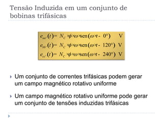 Tensão Induzida em um conjunto de
bobinas trifásicas
 Um conjunto de correntes trifásicas podem gerar
um campo magnético rotativo uniforme
 Um campo magnético rotativo uniforme pode gerar
um conjunto de tensões induzidas trifásicas
( ) ( )
( ) ( )
( ) ( )
'
'
'
sen 0 V
sen 120 V
sen 240 V
aa C
bb C
cc C
e t N t
e t N t
e t N t
f w w
f w w
f w w
= × × × × - °
= × × × × - °
= × × × × - °
 
