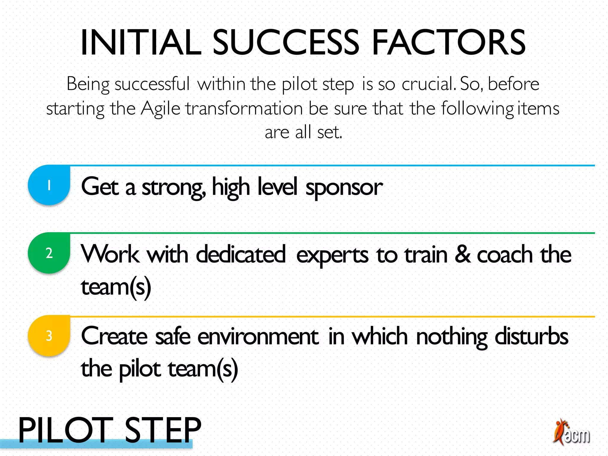 Get a strong, high level sponsor1
2 Work with dedicated experts to train & coach the
team(s)
3 Create safe environment in which nothing disturbs
the pilot team(s)
Being successful within the pilot step is so crucial. So, before
starting the Agile transformation be sure that the following items
are all set.
INITIAL SUCCESS FACTORS
PILOT STEP
 