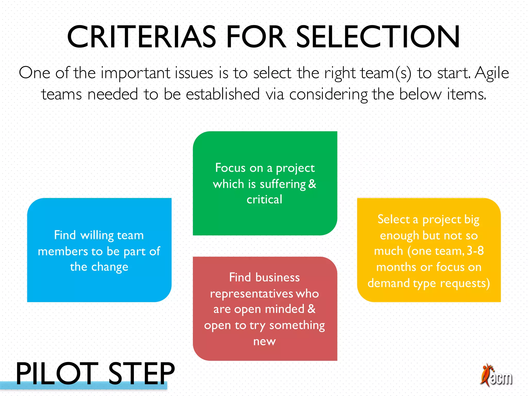 Focus on a project
which is suffering &
critical
Find willing team
members to be part of
the change
Select a project big
enough but not so
much (one team,3-8
months or focus on
demand type requests)Find business
representatives who
are open minded &
open to try something
new
One of the important issues is to select the right team(s) to start. Agile
teams needed to be established via considering the below items.
CRITERIAS FOR SELECTION
PILOT STEP
 
