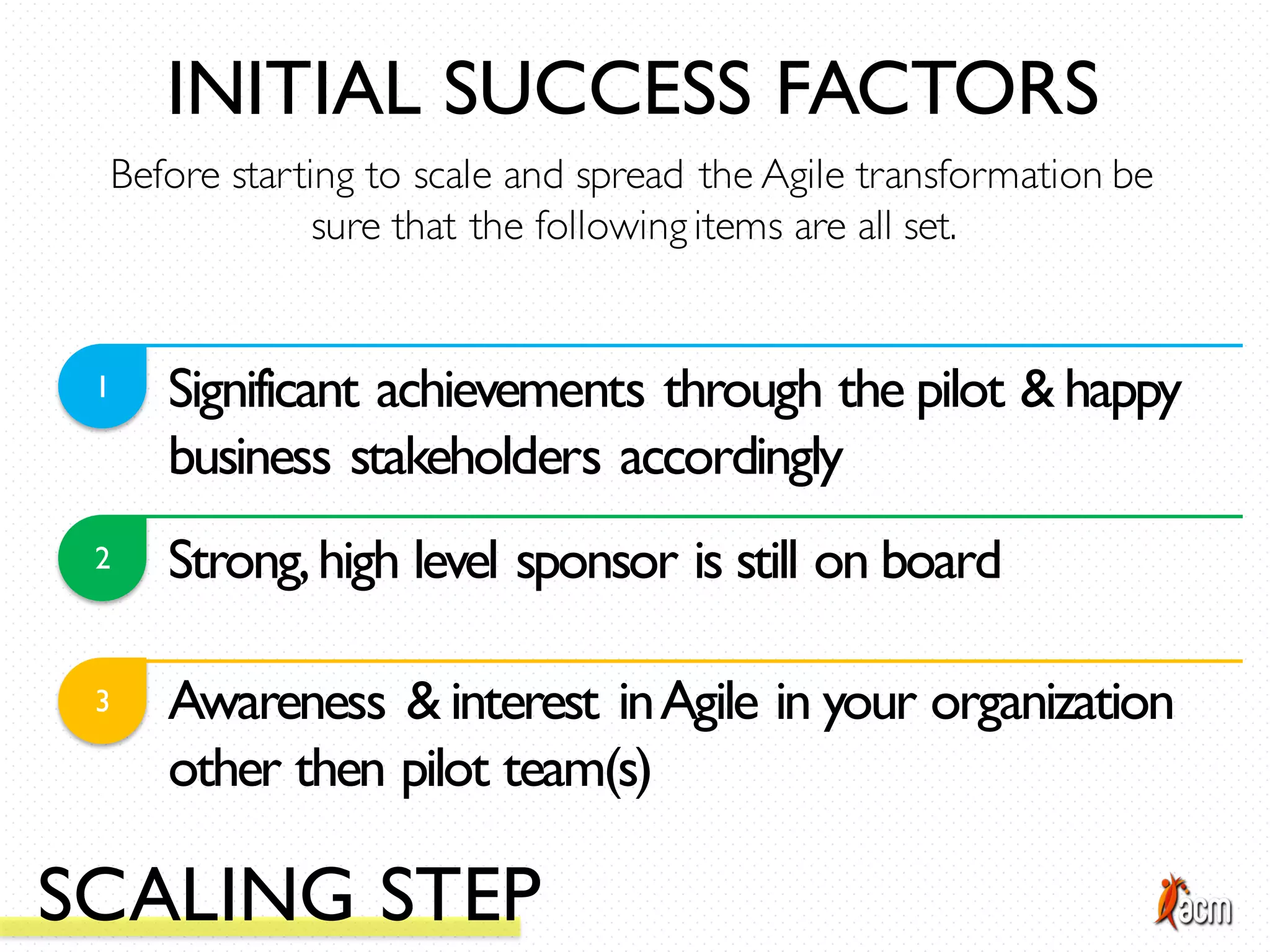 Significant achievements through the pilot & happy
business stakeholders accordingly
1
2 Strong,high level sponsor is still on board
3 Awareness & interest inAgile in your organization
other then pilot team(s)
Before starting to scale and spread the Agile transformation be
sure that the following items are all set.
INITIAL SUCCESS FACTORS
SCALING STEP
 