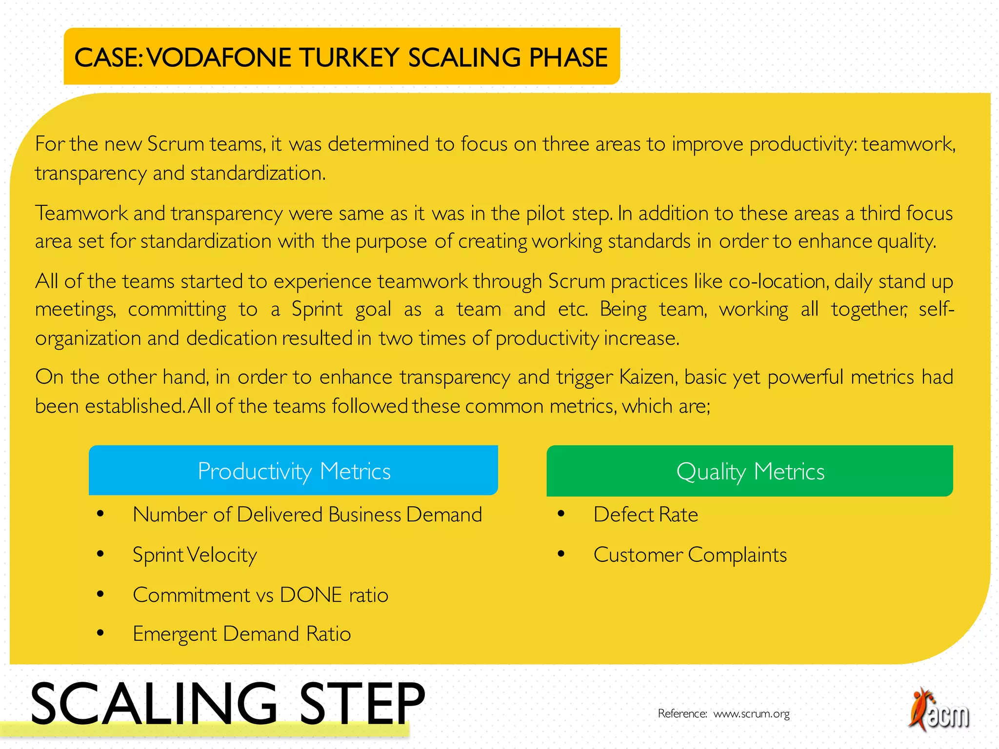 For the new Scrum teams, it was determined to focus on three areas to improve productivity: teamwork,
transparency and standardization.
Teamwork and transparency were same as it was in the pilot step. In addition to these areas a third focus
area set for standardization with the purpose of creating working standards in order to enhance quality.
All of the teams started to experience teamwork through Scrum practices like co-location, daily stand up
meetings, committing to a Sprint goal as a team and etc. Being team, working all together, self-
organization and dedication resulted in two times of productivity increase.
On the other hand, in order to enhance transparency and trigger Kaizen, basic yet powerful metrics had
been established.All of the teams followed these common metrics, which are;
CASE:VODAFONE TURKEY SCALING PHASE
Productivity Metrics Quality Metrics
• Number of Delivered Business Demand
• SprintVelocity
• Commitment vs DONE ratio
• Emergent Demand Ratio
• Defect Rate
• Customer Complaints
SCALING STEP Reference: www.scrum.org
 
