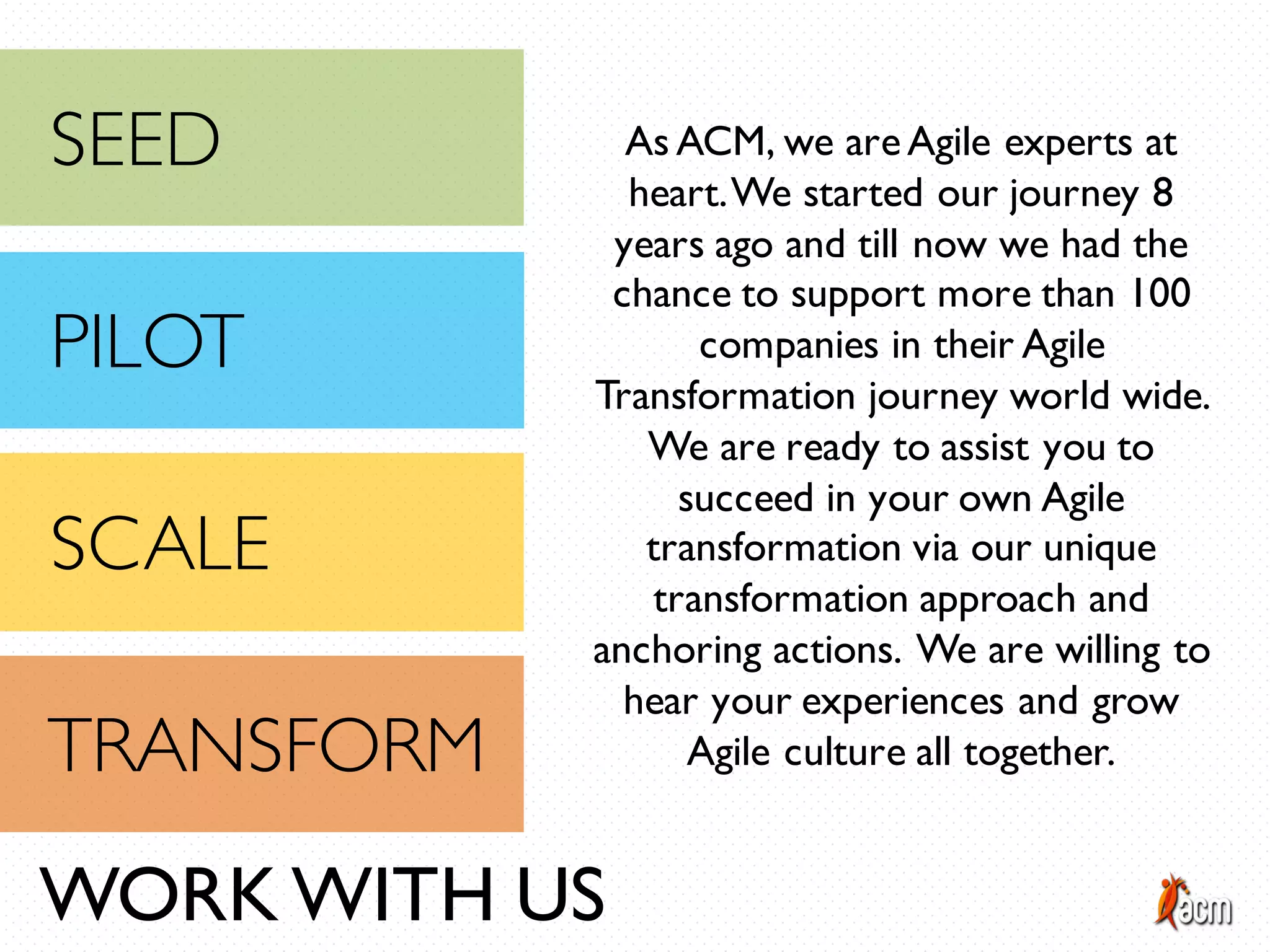 As ACM, we areAgile experts at
heart.We started our journey 8
years ago and till now we had the
chance to support more than 100
companies in their Agile
Transformation journey world wide.
We are ready to assist you to
succeed in your own Agile
transformation via our unique
transformation approach and
anchoring actions. We are willing to
hear your experiences and grow
Agile culture all together.
WORK WITH US
SEED
PILOT
SCALE
TRANSFORM
 