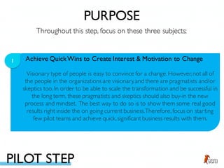 Achieve QuickWins to Create Interest & Motivation to Change1
Visionary type of people is easy to convince for a change.However,not all of
the people in the organizations are visionary,and there are pragmatists and/or
skeptics too. In order to be able to scale the transformation and be successful in
the long term, these pragmatists and skeptics should also buy-in the new
process and mindset. The best way to do so is to show them some real good
results right inside the on going current business.Therefore,focus on starting
few pilot teams and achieve quick,significant business results with them.
Throughout this step, focus on these three subjects;
PURPOSE
PILOT STEP
 