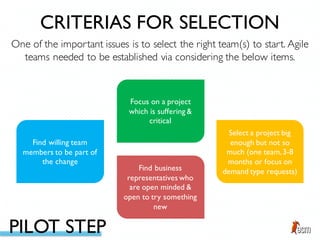 Focus on a project
which is suffering &
critical
Find willing team
members to be part of
the change
Select a project big
enough but not so
much (one team,3-8
months or focus on
demand type requests)Find business
representatives who
are open minded &
open to try something
new
One of the important issues is to select the right team(s) to start. Agile
teams needed to be established via considering the below items.
CRITERIAS FOR SELECTION
PILOT STEP
 