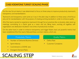 For the new Scrum teams, it was determined to focus on three areas to improve productivity: teamwork,
transparency and standardization.
Teamwork and transparency were same as it was in the pilot step. In addition to these areas a third focus
area set for standardization with the purpose of creating working standards in order to enhance quality.
All of the teams started to experience teamwork through Scrum practices like co-location, daily stand up
meetings, committing to a Sprint goal as a team and etc. Being team, working all together, self-
organization and dedication resulted in two times of productivity increase.
On the other hand, in order to enhance transparency and trigger Kaizen, basic yet powerful metrics had
been established.All of the teams followed these common metrics, which are;
CASE:VODAFONE TURKEY SCALING PHASE
Productivity Metrics Quality Metrics
• Number of Delivered Business Demand
• SprintVelocity
• Commitment vs DONE ratio
• Emergent Demand Ratio
• Defect Rate
• Customer Complaints
SCALING STEP Reference: www.scrum.org
 