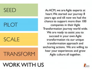 As ACM, we areAgile experts at
heart.We started our journey 8
years ago and till now we had the
chance to support more than 100
companies in their Agile
Transformation journey world wide.
We are ready to assist you to
succeed in your own Agile
transformation via our unique
transformation approach and
anchoring actions. We are willing to
hear your experiences and grow
Agile culture all together.
WORK WITH US
SEED
PILOT
SCALE
TRANSFORM
 