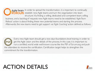 ACTION DETAILS
In order to spread the transformation, it is important to continually
establish new Agile teams and turn the organization into team
structure.Via finding a willing, dedicated and competent team, willing
business, and a backlog of requests new Agile teams need to be established. ‘AgileTeam
Rollouts’ action is about finding these new potential teams and starting the process.
Afterwards, the new teams need to get support via ‘Agile Coaching’ action defined as follows.
Every new Agile team should get a two days foundations level training in order to
get the Agile vision and the details of the process. In this case, it is important to
run a certified, world wide well known course like the PSF of Scrum.org and push
the attendees to receive the certification. Certification target helps to strengthen the
commitment for the transformation.
 