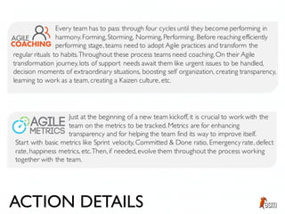 Every team has to pass through four cycles until they become performing in
harmony. Forming, Storming, Norming, Performing. Before reaching efficiently
performing stage, teams need to adopt Agile practices and transform the
regular rituals to habits.Throughout these process teams need coaching.On their Agile
transformation journey, lots of support needs await them like urgent issues to be handled,
decision moments of extraordinary situations, boosting self organization, creating transparency,
learning to work as a team, creating a Kaizen culture, etc.
Just at the beginning of a new team kickoff, it is crucial to work with the
team on the metrics to be tracked. Metrics are for enhancing
transparency and for helping the team find its way to improve itself.
Start with basic metrics like Sprint velocity, Committed & Done ratio, Emergency rate, defect
rate, happiness metrics, etc.Then, if needed, evolve them throughout the process working
together with the team.
ACTION DETAILS
 