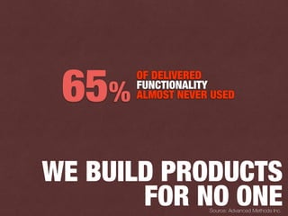 Source: Advanced Methods Inc.
OF DELIVERED
FUNCTIONALITY
ALMOST NEVER USED65%
WE BUILD PRODUCTS
FOR NO ONE
 