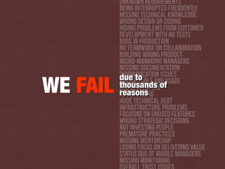 unknown requirements
Being Interrupted frequently
Missing technical knowledge
Wrong design or coding
Hiding problems from customer
Development with no tests
Bugs in production
No teamwork or collaboration
Building wrong product
micro-managing managers
Missing documentation
Communication issues
Wrong tools and usage
God developers
Never ending
huge technical debt
Infrastructure problems
Focusing on unused features
Wrong strategic decisions
Not Investing people
Premature practices
Missing mentorshıp
losing focus on delivering value
status quo of middle managers
mıssıng monitoring
WE FAIL
due to
thousands of
reasons
 