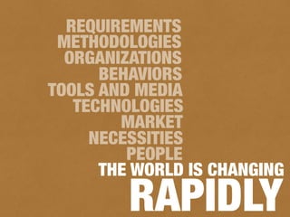 THE WORLD IS CHANGING
RAPIDLY
PEOPLE
NECESSITIES
MARKET
TECHNOLOGIES
TOOLS AND MEDIA
BEHAVIORS
ORGANIZATIONS
METHODOLOGIES
REQUIREMENTS
 