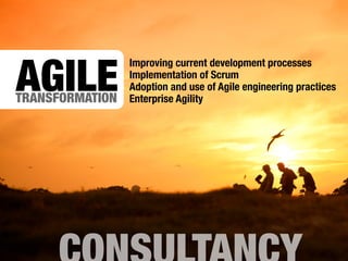TRANSFORMATION
AGILE
Improving current development processes
Implementation of Scrum
Adoption and use of Agile engineering practices
Enterprise Agility
 