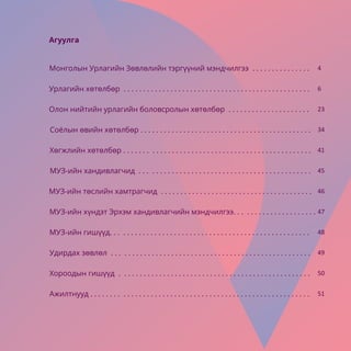 Агуулга
Монголын Урлагийн Зөвлөлийн тэргүүний мэндчилгээ . . . . . . . . . . . . . . .
Урлагийн хөтөлбөр . . . . . . . . . . . . . . . . . . . . . . . . . . . . . . . . . . . . . . . . . . . . . . . .
Олон нийтийн урлагийн боловсролын хөтөлбөр . . . . . . . . . . . . . . . . . . . . .
Соёлын өвийн хөтөлбөр . . . . . . . . . . . . . . . . . . . . . . . . . . . . . . . . . . . . . . . . . . . .
Хөгжлийн хөтөлбөр . . . . . . . . . . . . . . . . . . . . . . . . . . . . . . . . . . . . . . . . . . . . . . . .
МУЗ-ийн хандивлагчид . . . . . . . . . . . . . . . . . . . . . . . . . . . . . . . . . . . . . . . . . . . .
МУЗ-ийн төслийн хамтрагчид . . . . . . . . . . . . . . . . . . . . . . . . . . . . . . . . . . . . . . .
МУЗ-ийн гишүүд. . . . . . . . . . . . . . . . . . . . . . . . . . . . . . . . . . . . . . . . . . . . . . . . . . .
Удирдах зөвлөл . . . . . . . . . . . . . . . . . . . . . . . . . . . . . . . . . . . . . . . . . . . . . . . . . . .
Хороодын гишүүд . . . . . . . . . . . . . . . . . . . . . . . . . . . . . . . . . . . . . . . . . . . . . . . . .
Ажилтнууд . . . . . . . . . . . . . . . . . . . . . . . . . . . . . . . . . . . . . . . . . . . . . . . . . . . . . . . .
МУЗ-ийн хүндэт Эрхэм хандивлагчийн мэндчилгээ. . . . . . . . . . . . . . . . . . . . .
4
6
23
34
41
45
46
47
48
49
50
51
 