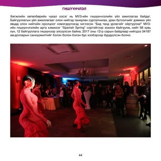 ГИШҮҮНЧЛЭЛ
Хөгжлийн хөтөлбөрийн чухал хэсэг нь МУЗ-ийн гишүүнчлэлийн үйл ажиллагаа байдаг.
Байгууллагын үйл ажиллагааг олон нийтэд таниулан сурталчилах, уран бүтээлчийг дэмжих үйл
явцад олон нийтийн оролцоог нэмэгдүүлэхэд чиглэсэн “Бид танд урлагийг ойртуулна!” МУЗ-
ийн гишүүнчлэлийн арга хэмжээг “Spanish Spring” нэртэйгээр зохион байгуулж, нийт 58 хувь
хүн, 12 байгууллага гишүүнээр элсүүлсэн байна. 2017 оны 12-р сарын байдлаар нийтдээ 34187
ам.долларын санхүүжилтийг бэлэн болон бэлэн бус хэлбэрээр бүрдүүлсэн болно.
44
 