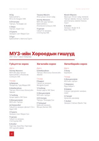 42
Монголын Урлагийн Зөвлөл Жилийн тайлан 2020
МУЗ-ийн Хороодын гишүүд
2021 оны 1 сарын байдлаар
Ж.Од
Ерөнхийлөгч,
М-Си-Эс Холдинг ХХК
Х.Отгонтуяа
Тэргүүн, Төгөлдөр сан
С.Оюун
Тэргүүн, Зориг Сан
Л.Сумати
Захирал, Сант Марал Сан
Э.Туул
Ерөнхийлөгч, Ажигана Групп
Такаока Масато
Япон улсын элчин сайд
Уолтер Женкинс
МУЗ-ийн дэд тэргүүн,
Ерөнхийлөгч,
Инклюсив Солюшнс ХХК
П.Цагаан
Гүйцэтгэх захирал,
Степпкупер ХХК
Филип Мерлин
Францын Элчин сайд, төлөөлж
Тэргүүн зөвлөх, Консул, Хамтын
ажиллагааны зөвлөх Никола
Лакот
Б.Энхбат
Захирал, Эм Ди Эс &
Хаан Лекс ХХН
Гүйцэтгэх хороо
Дарга:
Уолтер Женкинс
МУЗ-ийн Дэд тэргүүн
Ерөнхийлөгч, Инклюсив
Солюшнс ХХК
Гишүүд:
Ц.Ариунаа
Продюсер, Гуру Медиа ХХК
Б.Бямбасайхан
Тэргүүн, Монголын Бизнесийн
Зөвлөл
Ч.Ганболд
Хүндэт дарга, ХАС Банк
Н.Жанцанноров
МУЗ-ийн Тэргүүн
Ш.Норжинбат
Гүйцэтгэх захирал, Делоитт Онч
Аудит ХХК
Л.Сумати
Захирал, Сант Марал Сан
П.Цагаан
Гүйцэтгэх захирал,
Степпкупер ХХК
Б.Энхбат
Партнер, ХаанЛекс Партнерс
ХХН хуулийн фирм
Хөгжлийн хороо
Дарга:
Б.Бямбасайхан
Тэргүүн, Монголын Бизнесийн
Зөвлөл
Гишүүд:
Ё.Бадрал
Гүйцэтгэх захирал,
Mongolia Quest
Ч.Ганболд
Хүндэт дарга, ХАС Банк
Н.Жанцанноров
МУЗ-ийн тэргүүн
Х.Отгонтуяа
Тэргүүн, Төгөлдөр Сан
Р.Туяацэцэг
Ерөнхий захирал,
Монре Импекс ХХК
Хөтөлбөрийн хороо
Дарга:
Л.Болд
Барималч
Гишүүд:
Н.Жанцанноров
МУЗ-ийн тэргүүн
Г.Аюурзана
Яруу найрагч
Б.Баяраа
Соёлын сургуулийн захирал,
СУИС
Н.Ганхуяг
Урлагийн менежер
Г.Энхбат
Захирал, Соёлын Өвийн Төв
 