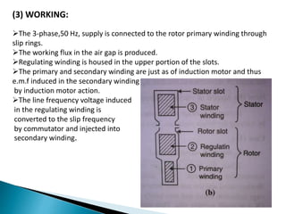 (3) WORKING:
The 3-phase,50 Hz, supply is connected to the rotor primary winding through
slip rings.
The working flux in the air gap is produced.
Regulating winding is housed in the upper portion of the slots.
The primary and secondary winding are just as of induction motor and thus
e.m.f induced in the secondary winding
by induction motor action.
The line frequency voltage induced
in the regulating winding is
converted to the slip frequency
by commutator and injected into
secondary winding.
 