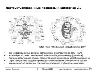Неструктурированные процессы и  Enterprise 2.0 Peter Finger   “The Greatest Innovation Since BPM” Все информационные ресурсы расположены в корпоративной сети  ( ECM ) Каждый ресурс имеет неизменный уникальный идентификатор ( permalink ) Ресурсы доступны для поиска, просмотра, изменения ( simple verbs ) и расширения Структурирование ресурсов производится посредством тэгов (меток) и ссылок Уведомление об изменении при помощи механизма «публикация-подписка» Максим Смирнов 16 марта 2011 case management–  недостающее звено  BPM 