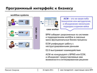 Программный интерфейс к бизнесу Максим Смирнов BPM  собирает разрозненные по системам и подразделениям  workflow  в сквозные кросс-функциональные бизнес-процессы ECM  унифицирует работу с неструктурированными данными E2.0  выстраивает взаимодействия  ACM  не  конкурирует  с  BPMS  или  ECM ,  а объединяет предоставляемые ими возможности в интегрированном решении 16 марта 2011 case management–  недостающее звено  BPM АСМ  – это не какая-либо технология или методология, а объединение нескольких подходов в едином кейсе 
