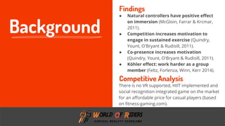 freegoogleslidestemplates.com
Competitive Analysis
Findings
There is no VR supported, HIIT implemented and
social recognition integrated game on the market
for an affordable price for casual players (based
on fitness-gaming.com).
● Natural controllers have positive effect
on immersion (McGloin, Farrar & Krcmar,
2011).
● Competition increases motivation to
engage in sustained exercise (Quindry,
Yount, O'Bryant & Rudisill, 2011).
● Co-presence increases motivation
(Quindry, Yount, O'Bryant & Rudisill, 2011).
● Köhler effect: work harder as a group
member (Feltz, Forlenza, Winn, Kerr 2014).
Background
 