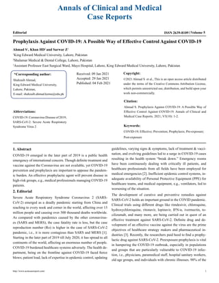 Prophylaxis Against COVID-19: A Possible Way of Effective Control ...