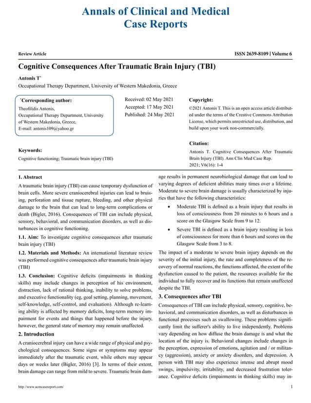 Cognitive Consequences After Traumatic Brain Injury (TBI) | PDF