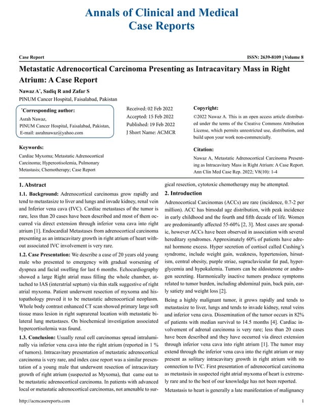 Metastatic Adrenocortical Carcinoma presenting as intracavitary mass in