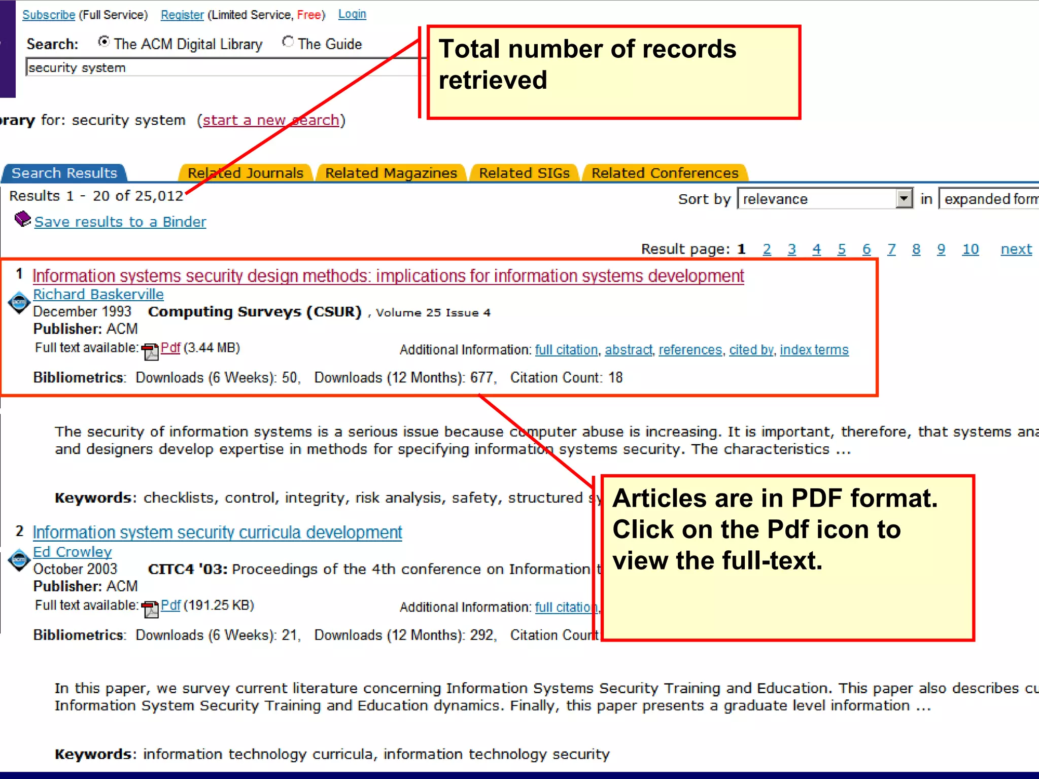 Total number of records retrieved Articles are in PDF format.  Click on the Pdf icon to view the full-text.  