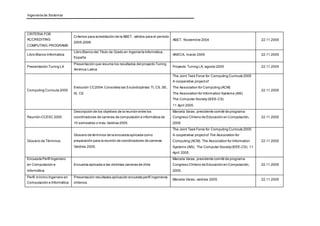 Ingeniería de Sistemas 
CRITERIA FOR 
ACCREDITING 
COMPUTING PROGRAMS 
Criterios para acreditación de la ABET, válidos para el período 
2005-2006. 
ABET, Noviembre 2004 
22.11.2005 
Libro Blanco Informática 
Libro Blanco del Título de Grado en Ingeniería Informática, 
España 
ANECA, marzo 2005 
22.11.2005 
Presentación Tuning LA 
Presentación que resume los resultados del proyecto Tuning 
América Latina 
Proyecto Tuning LA, agosto 2005 
22.11.2005 
Computing Curricula 2005 
Evolución CC2004. Considera las 5 subdiciplinas: TI, CS, SE, 
IS, CE 
The Joint Task Force for Computing Curricula 2005 
A cooperative project of 
The Association for Computing (ACM) 
The Association for Information Systems (AIS) 
The Computer Society (IEEE-CS) 
11 April 2005. 
22.11.2005 
Reunión CCESC 2005 
Descripción de los objetivos de la reunión entre los 
coordinadores de carreras de computación e informática de 
10 semestres o más, Valdivia 2005. 
Marcela Varas, presidente comité de programa 
Congreso Chileno de Educación en Computación, 
2005 
22.11.2005 
Glosario de Términos 
Glosario de términos de la encuesta aplicada como 
preparación para la reunión de coordinadores de carreras 
Valdivia 2005. 
The Joint Task Force for Computing Curricula 2005. 
A cooperative project of The Association for 
Computing (ACM), The Association for Information 
Systems (AIS), The Computer Society (IEEE-CS). 11 
April 2005. 
22.11.2005 
Encuesta Perfil Ingeniero 
en Computación e 
Informática 
Encuesta aplicada a las distintas carreras de chile 
Marcela Varas, presidente comité de programa 
Congreso Chileno de Educación en Computación, 
2005. 
22.11.2005 
Perfil mínimo Ingeniero en 
Computación e Informática 
Presentación resultados aplicación encuesta perfil ingenieros 
chilenos. 
Marcela Varas, valdivia 2005. 
22.11.2005 
 