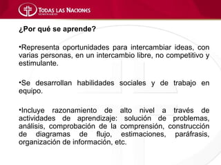 ¿Por qué se aprende?

•Representa oportunidades para intercambiar ideas, con
varias personas, en un intercambio libre, no competitivo y
estimulante.

•Se desarrollan habilidades sociales y de trabajo en
equipo.

•Incluye razonamiento de alto nivel a través de
actividades de aprendizaje: solución de problemas,
análisis, comprobación de la comprensión, construcción
de diagramas de flujo, estimaciones, paráfrasis,
organización de información, etc.
 