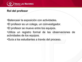 Rol del profesor


•Balancear la exposición con actividades.
•El profesor es un colega, un coinvestigador.
•El profesor se mueve entre los equipos.
•Utiliza un registro formal de las observaciones de
actividades de los equipos.
•Guía a los estudiantes a través del proceso.
 
