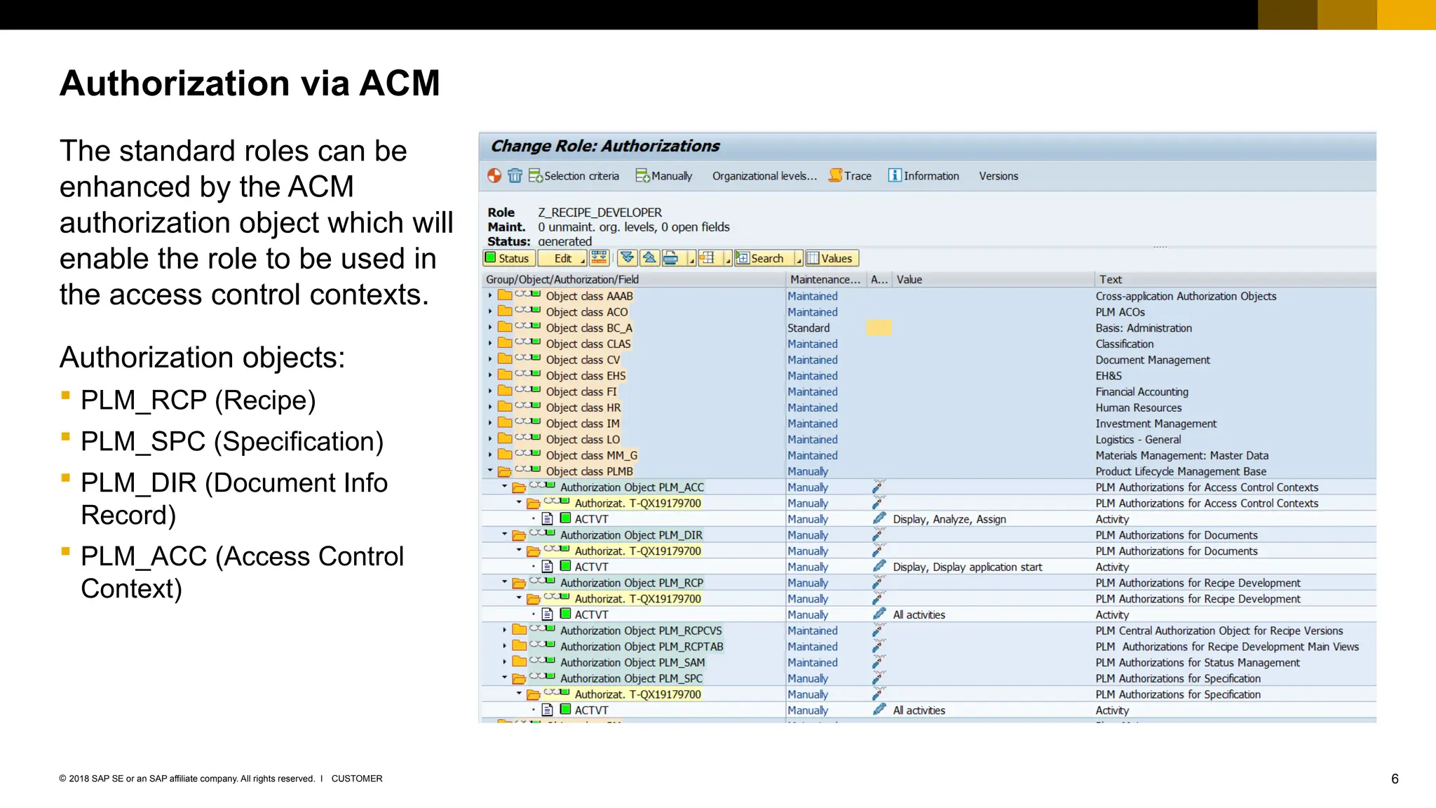 6
CUSTOMER
© 2018 SAP SE or an SAP affiliate company. All rights reserved. ǀ
The standard roles can be
enhanced by the ACM
authorization object which will
enable the role to be used in
the access control contexts.
Authorization objects:
 PLM_RCP (Recipe)
 PLM_SPC (Specification)
 PLM_DIR (Document Info
Record)
 PLM_ACC (Access Control
Context)
Authorization via ACM
 