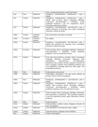 tosse, constipação intestinal e cálculo da bexiga.
Flor Suco Medicinal Analgésico, antiinflamatório, antiinfeccioso e para o
fígado.
Flor Tintura Medicinal Analgésico, antiinflamatório, antiinfeccioso e para o
fígado. Ação excitante, tônica, emenagoga, febrífuga,
cicatrizante, anti-esparmódica e afrodisíaca. Contra
problemas hepáticos e das vias respiratórias (tosse).
Alcoolatura para dores de dente.
Flor Xarope Medicinal Analgésico, anti-inflamatório, anti-infeccioso; para o
fígado, problemas do estômago, tosse, gripe, constipação
intestinal e cálculo da bexiga.
Folha Cozido Alimento
humano
Em vários pratos, com carne e em sopas.
Folha In natura Alimento
humano
Em saladas.
Folha Extrato Medicinal Analgésico, anti-inflamatório, anti-infeccioso; para o
fígado. Para problemas do estômago, tosse, constipação
intestinal e cálculo da bexiga.
Folha In natura Medicinal Ação excitante, tônica, emenagoga, febrífuga, cicatrizante,
anti-esparmódica e afrodisíaca. Contra problemas
hepáticos e das vias respiratórias (tosse).
Folha Infusão Medicinal Com ação anti-escorbútica, excitante, tônica, emenagoga,
sialagoga, febrífuga, cicatrizante, analgésica, anti-
espasmódica, anti-infecciosa, anti-inflamatória,
afrodisíaca; para combater anemia, dispepsia, infecções da
boca e garganta; indicado contra problemas hepáticos, das
vias respiratórias, estômago, para tosse, febre, gripe. Tem
propriedade anestésica.
Folha Óleo Medicinal Elaboração de creme dental.
Folha Resina Medicinal Propriedades odontálgicas e de ação contra cálculos da
bexiga, doenças da boca, da garganta.
Folha Suco Medicinal Analgésico, antiinflamatório e anti-infeccioso; para o
fígado.
Folha Tintura Medicinal Analgésico, antiinflamatório, antiinfeccioso e para o
fígado. Ação excitante, tônica, emenagoga, febrífuga,
cicatrizante, anti-esparmódica e afrodisíaca. Contra
problemas hepáticos e das vias respiratórias (tosse).
Folha Xarope Medicinal Ação excitante, tônica, emenagoga, febrífuga, cicatrizante,
anti-esparmódica e afrodisíaca. Para problemas hepáticos
e das vias respiratórias (tosse), gripe, tuberculose, anemia,
dispepsia.
Folha Óleo Outros Goma de mascar.
Fruto Infusão Medicinal Antiescorbútica, combate anemia, dispepsia, infecções da
boca e da garganta.
Inteira Infusão Medicinal Anti-inflamatório, anti-infeccioso; para o fígado.
Inteira Tintura Medicinal Afecções da boca e garganta; anti-escorbútica.
Raiz Xarope Medicinal Gripe e antitussígeno.
 