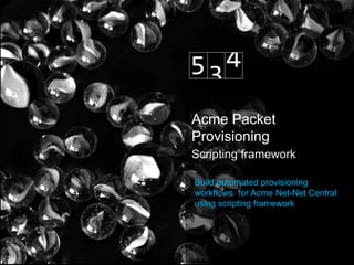 Acme Packet
Provisioning
Scripting framework

Build automated provisioning
workflows for Acme Net-Net Central
using scripting framework
 