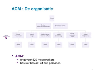 3 
ACM : De organisatie 
 ACM: 
 ongeveer 520 medewerkers 
 bestuur bestaat uit drie personen 
 
