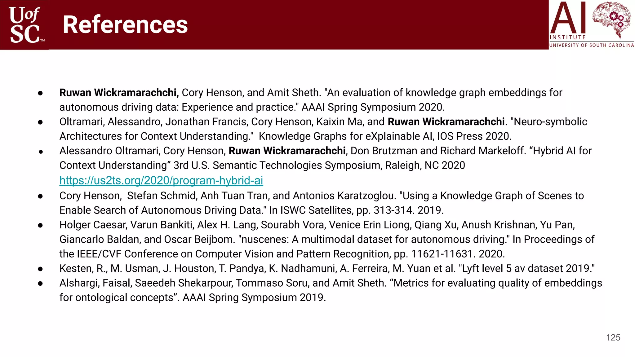 References
● Ruwan Wickramarachchi, Cory Henson, and Amit Sheth. "An evaluation of knowledge graph embeddings for
autonomous driving data: Experience and practice." AAAI Spring Symposium 2020.
● Oltramari, Alessandro, Jonathan Francis, Cory Henson, Kaixin Ma, and Ruwan Wickramarachchi. "Neuro-symbolic
Architectures for Context Understanding." Knowledge Graphs for eXplainable AI, IOS Press 2020.
● Alessandro Oltramari, Cory Henson, Ruwan Wickramarachchi, Don Brutzman and Richard Markeloff. “Hybrid AI for
Context Understanding” 3rd U.S. Semantic Technologies Symposium, Raleigh, NC 2020
https://us2ts.org/2020/program-hybrid-ai
● Cory Henson, Stefan Schmid, Anh Tuan Tran, and Antonios Karatzoglou. "Using a Knowledge Graph of Scenes to
Enable Search of Autonomous Driving Data." In ISWC Satellites, pp. 313-314. 2019.
● Holger Caesar, Varun Bankiti, Alex H. Lang, Sourabh Vora, Venice Erin Liong, Qiang Xu, Anush Krishnan, Yu Pan,
Giancarlo Baldan, and Oscar Beijbom. "nuscenes: A multimodal dataset for autonomous driving." In Proceedings of
the IEEE/CVF Conference on Computer Vision and Pattern Recognition, pp. 11621-11631. 2020.
● Kesten, R., M. Usman, J. Houston, T. Pandya, K. Nadhamuni, A. Ferreira, M. Yuan et al. "Lyft level 5 av dataset 2019."
● Alshargi, Faisal, Saeedeh Shekarpour, Tommaso Soru, and Amit Sheth. “Metrics for evaluating quality of embeddings
for ontological concepts”. AAAI Spring Symposium 2019.
125
 