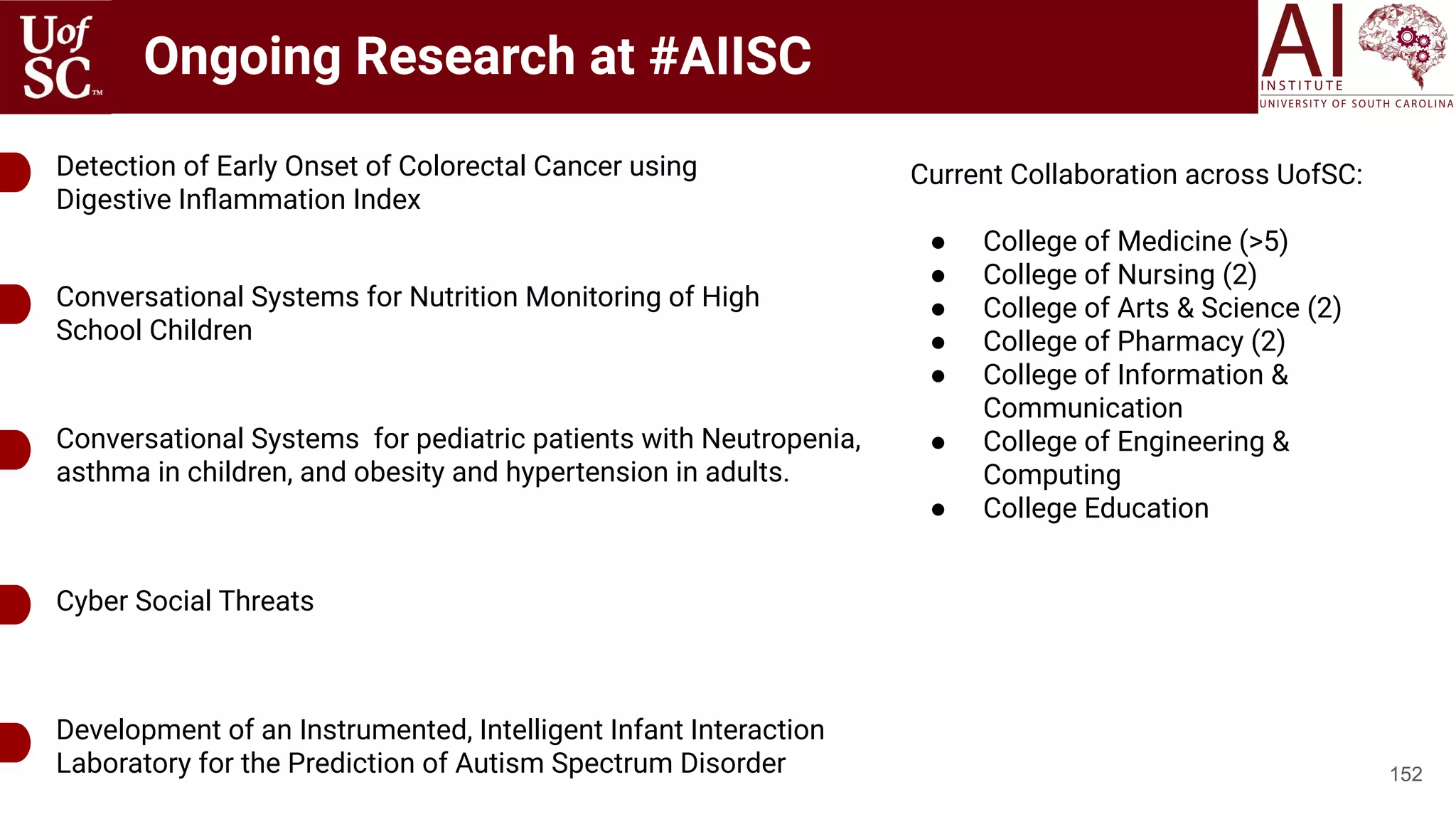 Ongoing Research at #AIISC
152
Detection of Early Onset of Colorectal Cancer using
Digestive Inﬂammation Index
Conversational Systems for Nutrition Monitoring of High
School Children
Cyber Social Threats
Conversational Systems for pediatric patients with Neutropenia,
asthma in children, and obesity and hypertension in adults.
Development of an Instrumented, Intelligent Infant Interaction
Laboratory for the Prediction of Autism Spectrum Disorder
Current Collaboration across UofSC:
● College of Medicine (>5)
● College of Nursing (2)
● College of Arts & Science (2)
● College of Pharmacy (2)
● College of Information &
Communication
● College of Engineering &
Computing
● College Education
 