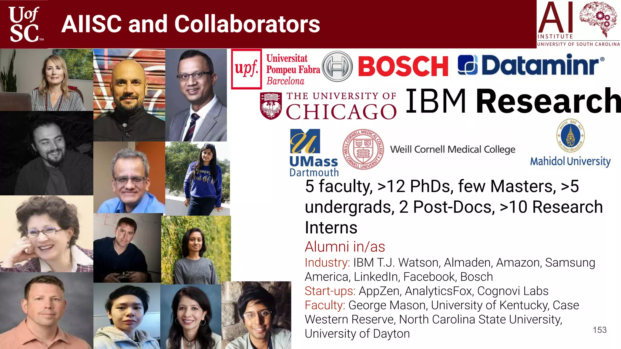 AIISC and Collaborators
153
5 faculty, >12 PhDs, few Masters, >5
undergrads, 2 Post-Docs, >10 Research
Interns
Alumni in/as
Industry: IBM T.J. Watson, Almaden, Amazon, Samsung
America, LinkedIn, Facebook, Bosch
Start-ups: AppZen, AnalyticsFox, Cognovi Labs
Faculty: George Mason, University of Kentucky, Case
Western Reserve, North Carolina State University,
University of Dayton
 