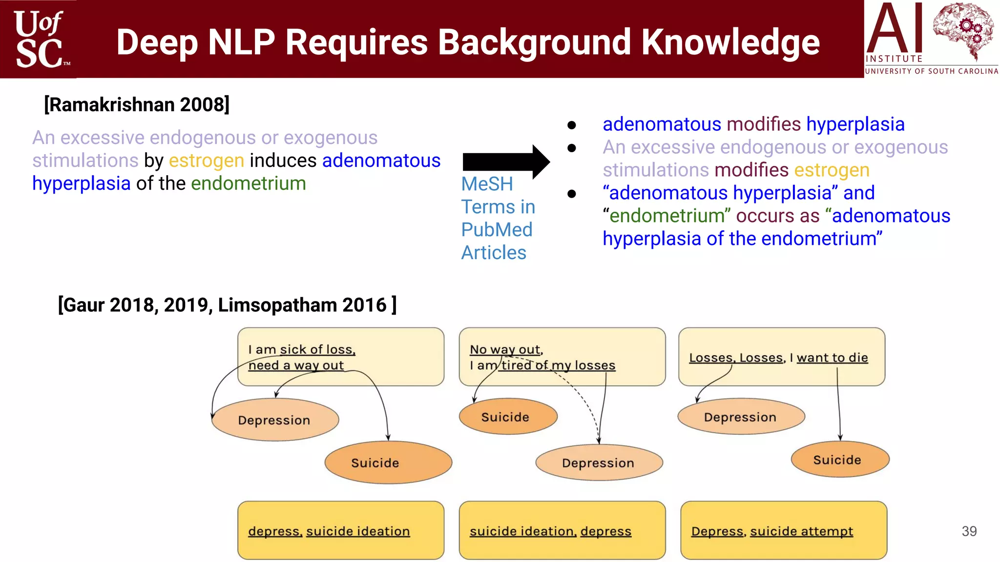 39
Deep NLP Requires Background Knowledge
An excessive endogenous or exogenous
stimulations by estrogen induces adenomatous
hyperplasia of the endometrium
● adenomatous modiﬁes hyperplasia
● An excessive endogenous or exogenous
stimulations modiﬁes estrogen
● “adenomatous hyperplasia” and
“endometrium” occurs as “adenomatous
hyperplasia of the endometrium”
MeSH
Terms in
PubMed
Articles
[Ramakrishnan 2008]
[Gaur 2018, 2019, Limsopatham 2016 ]
 