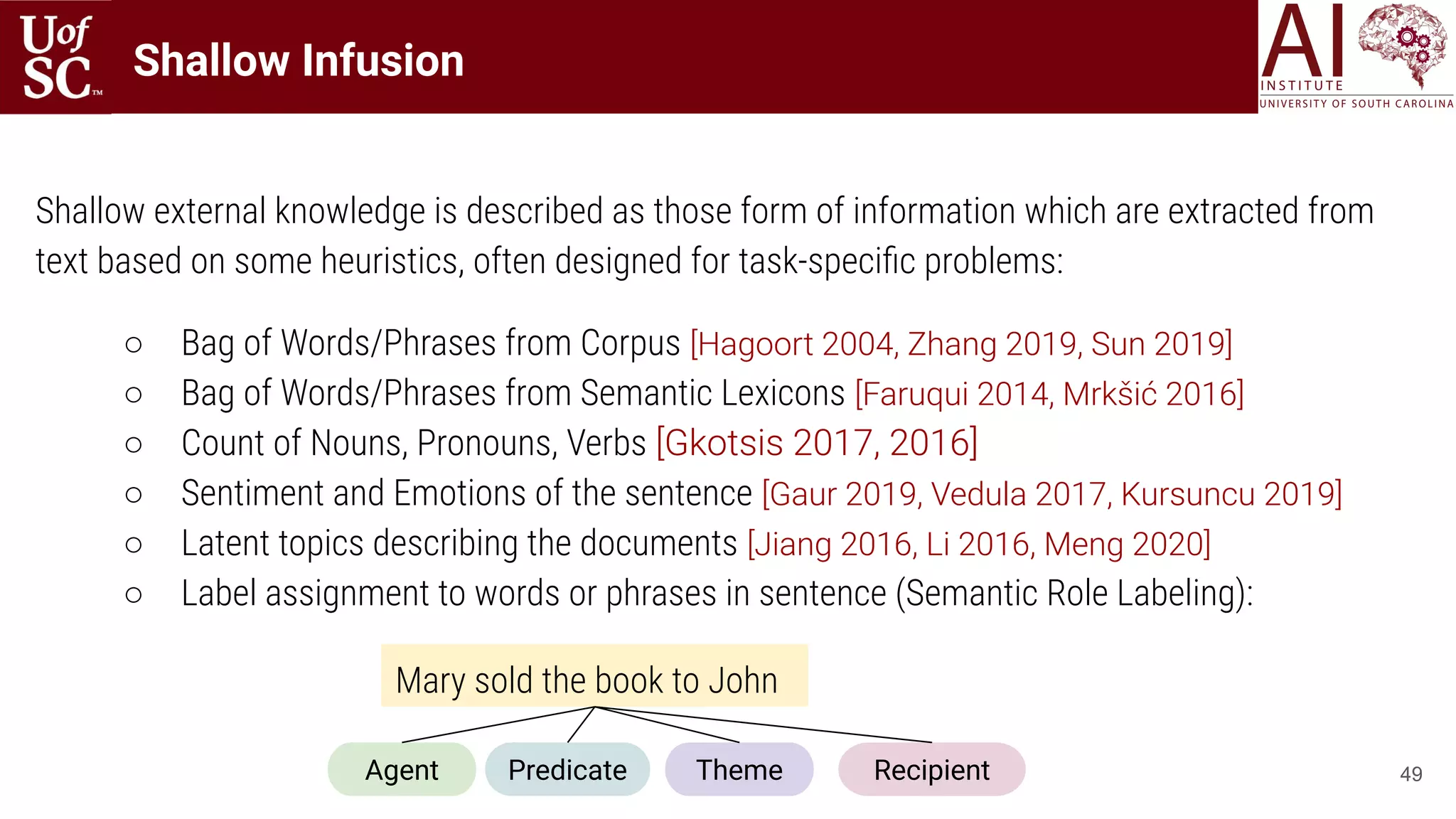49
Shallow external knowledge is described as those form of information which are extracted from
text based on some heuristics, often designed for task-speciﬁc problems:
○ Bag of Words/Phrases from Corpus [Hagoort 2004, Zhang 2019, Sun 2019]
○ Bag of Words/Phrases from Semantic Lexicons [Faruqui 2014, Mrkšić 2016]
○ Count of Nouns, Pronouns, Verbs [Gkotsis 2017, 2016]
○ Sentiment and Emotions of the sentence [Gaur 2019, Vedula 2017, Kursuncu 2019]
○ Latent topics describing the documents [Jiang 2016, Li 2016, Meng 2020]
○ Label assignment to words or phrases in sentence (Semantic Role Labeling):
Shallow Infusion
Mary sold the book to John
Agent ThemePredicate Recipient
 